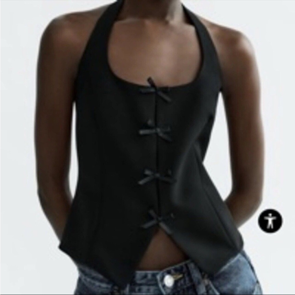 Zara Black Halter Top with Bow Details NWT